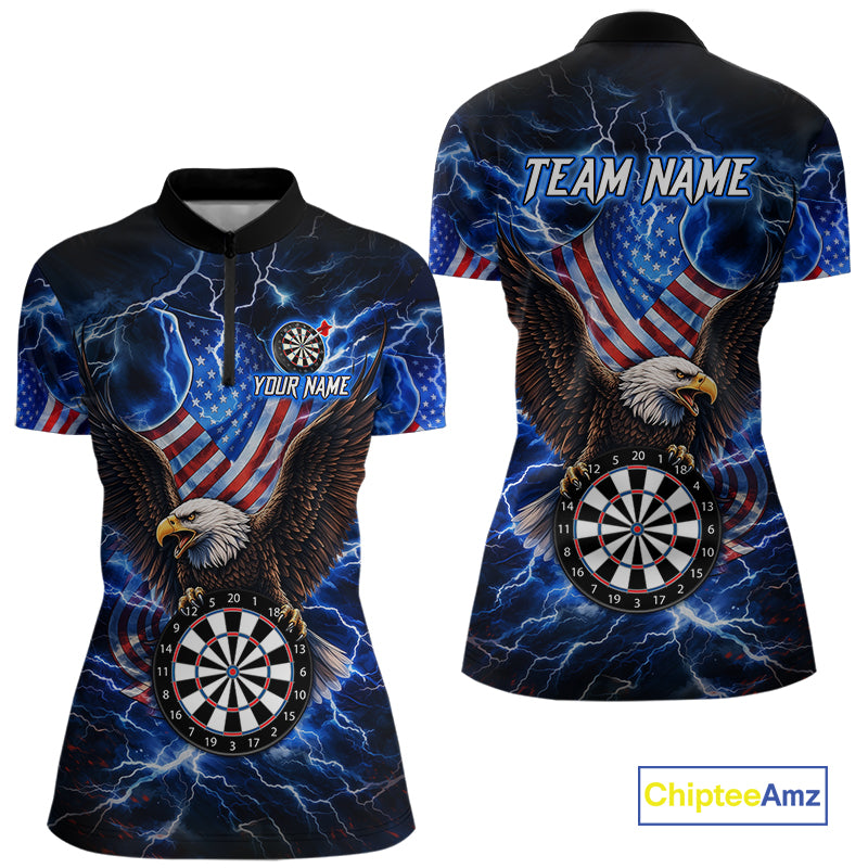 Blue Thunder Lightning US Flag Eagle Quarter Zip Darts Shirt for Women Created for Competitive Dart League Teams with Performance Fabric and Tournament Ready Team Design