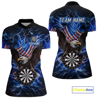 Blue Thunder Lightning US Flag Eagle Quarter Zip Darts Shirt for Women Created for Competitive Dart League Teams with Performance Fabric and Tournament Ready Team Design
