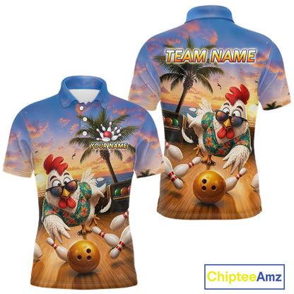 Funny Tropical Rooster Chicken Bowling Shirt For Men Custom Vintage Bowling Jersey Polo & 1/4 Zip TDM6475