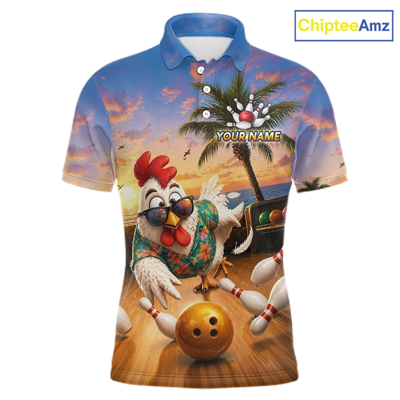 Funny Tropical Rooster Chicken Bowling Shirt For Men Custom Vintage Bowling Jersey Polo & 1/4 Zip TDM6475