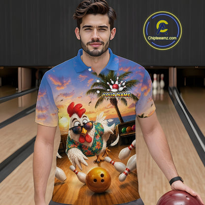 Funny Tropical Rooster Chicken Bowling Shirt For Men Custom Vintage Bowling Jersey Polo & 1/4 Zip TDM6475