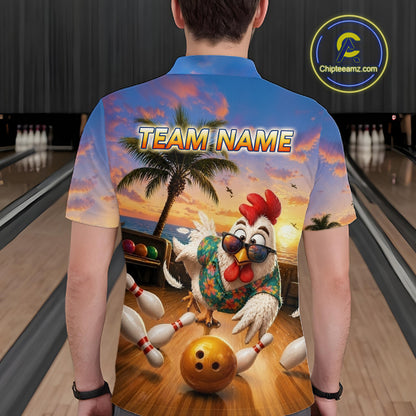 Funny Tropical Rooster Chicken Bowling Shirt For Men Custom Vintage Bowling Jersey Polo & 1/4 Zip TDM6475