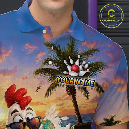 Funny Tropical Rooster Chicken Bowling Shirt For Men Custom Vintage Bowling Jersey Polo & 1/4 Zip TDM6475