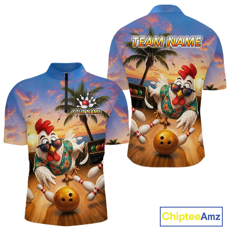 Funny Tropical Rooster Chicken Bowling Shirt For Men Custom Vintage Bowling Jersey Polo & 1/4 Zip TDM6475