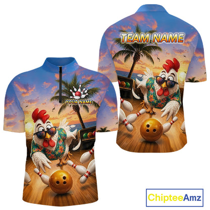 Funny Tropical Rooster Chicken Bowling Shirt For Men Custom Vintage Bowling Jersey Polo & 1/4 Zip TDM6475