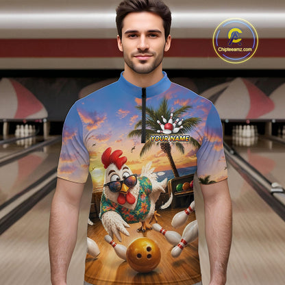 Funny Tropical Rooster Chicken Bowling Shirt For Men Custom Vintage Bowling Jersey Polo & 1/4 Zip TDM6475