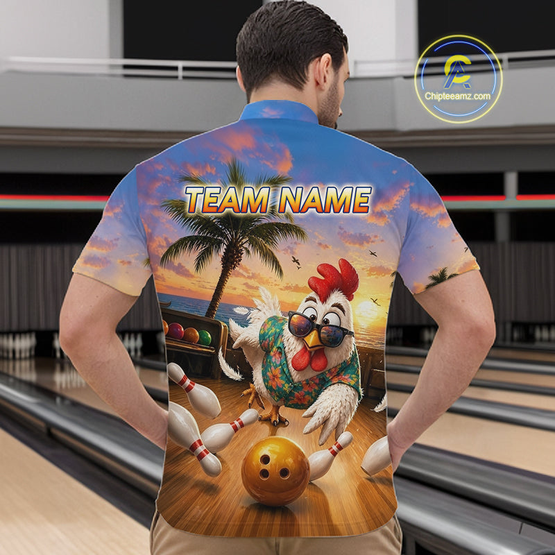 Funny Tropical Rooster Chicken Bowling Shirt For Men Custom Vintage Bowling Jersey Polo & 1/4 Zip TDM6475