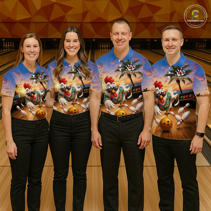 Funny Tropical Rooster Chicken Bowling Shirt For Women Custom Vintage Bowling Jersey Polo & 1/4 Zip TDM6475