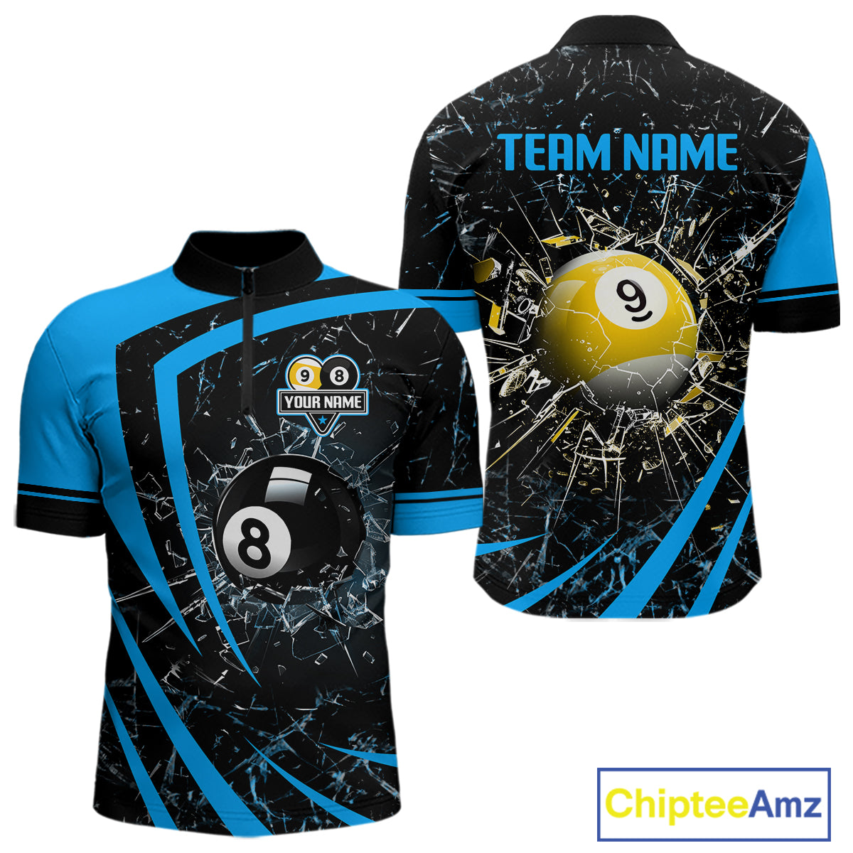 Black And Blue 8 Ball & 9 Ball Glass Break Billiard Shirt For Men Custom Pool Team Jersey Uniform TDM5641