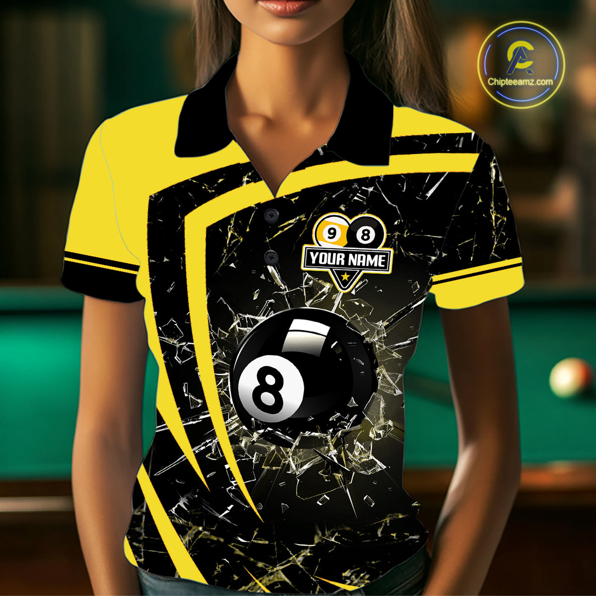 Black And Yellow 8 Ball & 9 Ball Glass Break Billiard Shirt For Women Custom Pool Team Jersey TDM5643