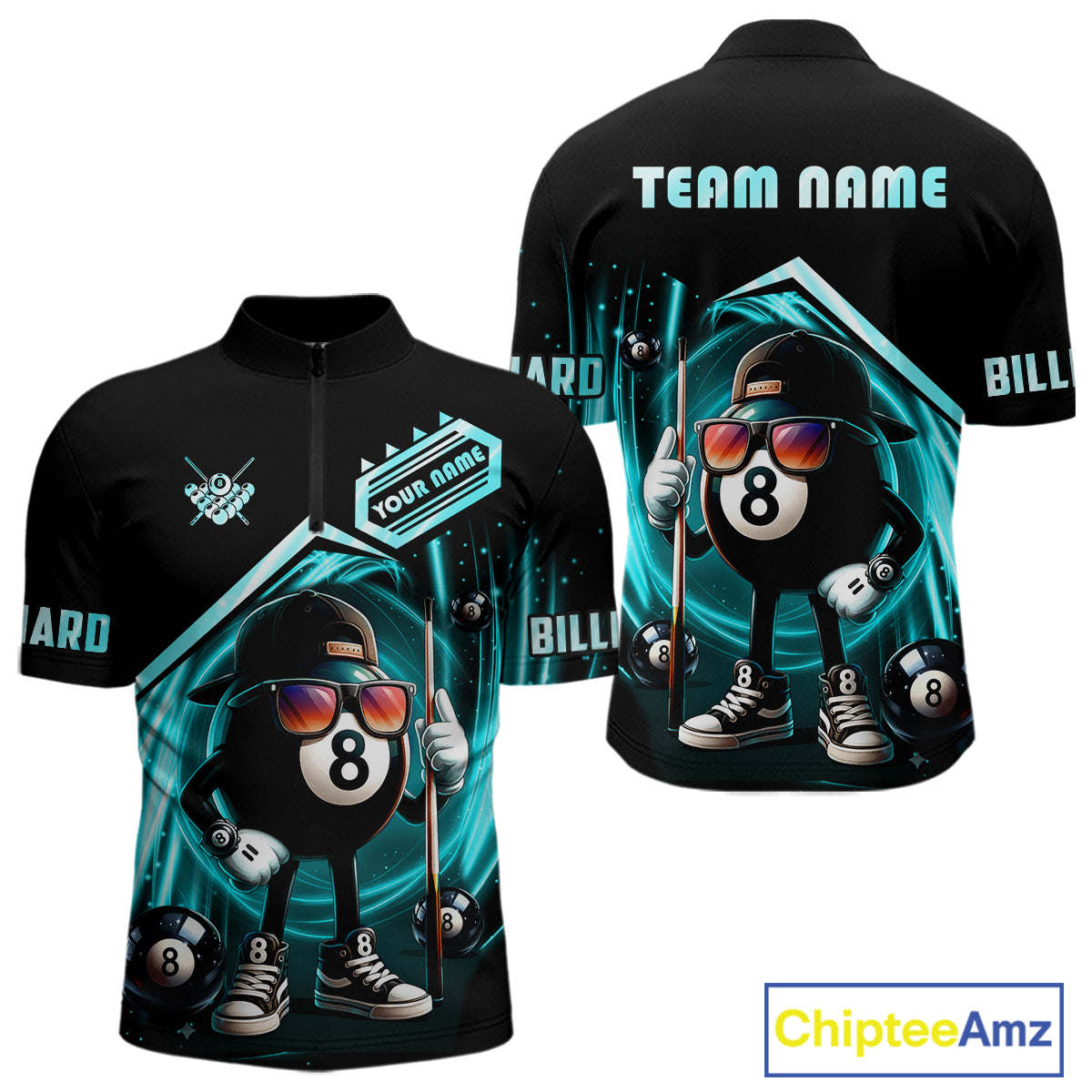 Turquoise Funny 8 Ball Billiard Shirt For Men Custom Pool Team Shirt, Billiard Jersey Polo, 1/4 Zip TDM5644