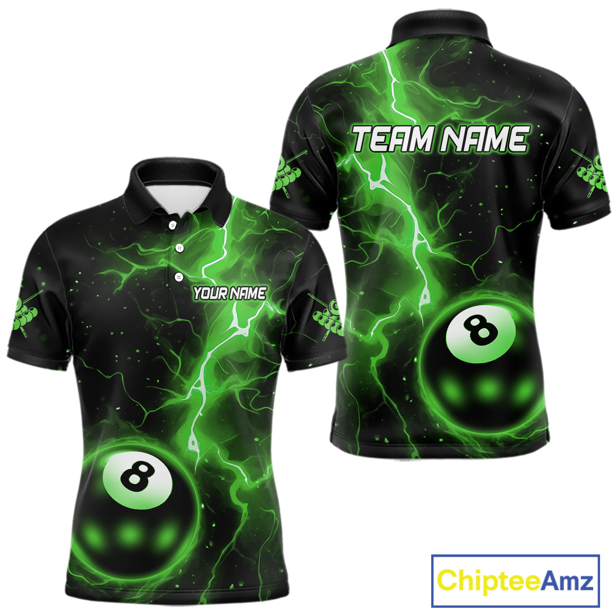 Green 8 Ball Thunder Lightning Billiard Shirt For Men Custom Pool Team Jersey Polo & 1/4 Zip TDM6259