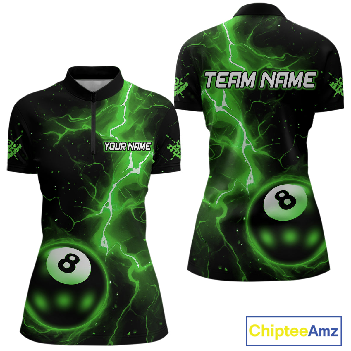 Green 8 Ball Thunder Lightning Billiard Shirt For Women Custom Pool Team Jersey Polo & 1/4 Zip TDM6259