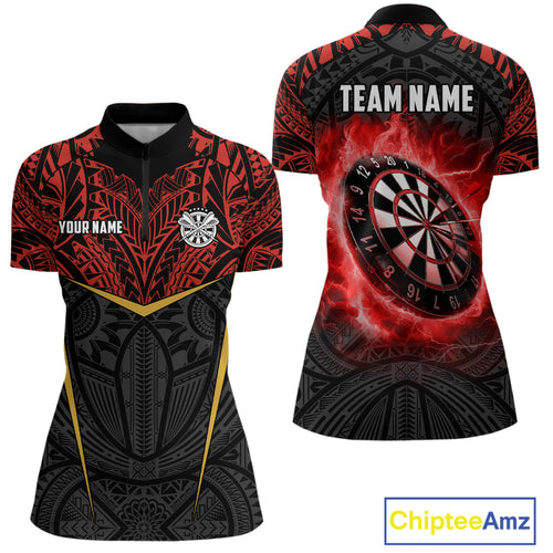 Personalized Red Black Tribal Pattern Darts Polo & 1/4 Zip Custom Dart Shirt For Women, Dart Jerseys TDM4141