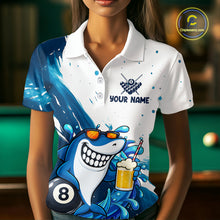 Load image into Gallery viewer, Woman wearing blue and white funny shark 8 ball pool billiard polo shirt front view.