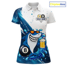 Load image into Gallery viewer, Custom blue funny shark 8 ball and 9 ball pool billiard team jersey polo shirt for women, personalized pool league apparel and tournament jersey.