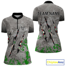Load image into Gallery viewer, Custom Green Grey Grunge Dart Shirt With Pocket Option For Women, Darts Jersey TDM4528