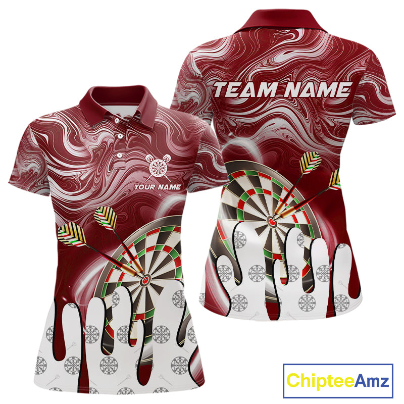 Personalized Marble Swirl Dart Shirts For Women Custom Funny Darts Jersey Team Polo & 1/4 Zip |Red TDM4163
