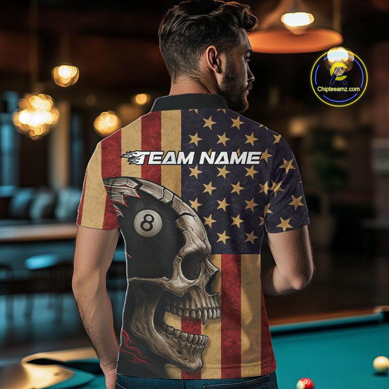 Vintage American Flag Skull Billiard Shirt For Men Custom 8 Ball Patriotic Pool Team Jerseys TDM4156
