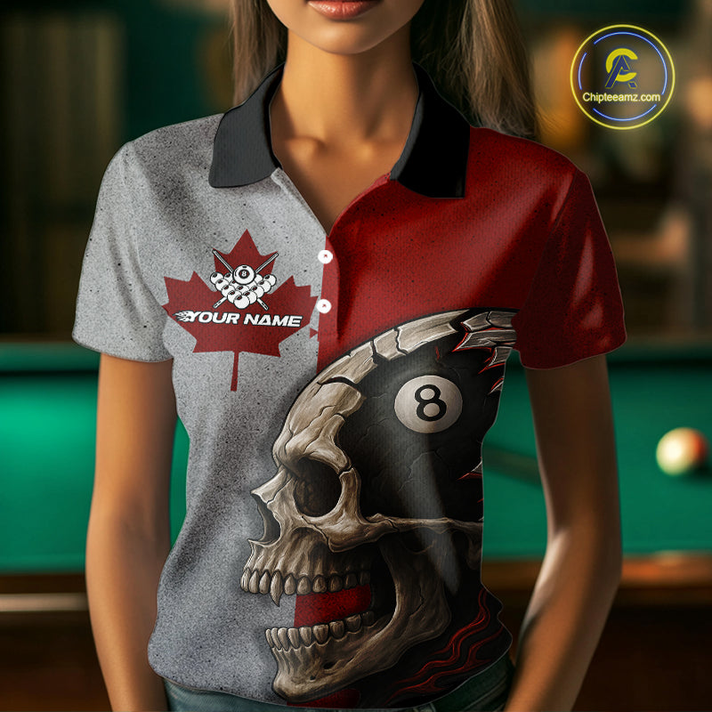 Personalized Grunge Canada Flag Skull Billiard Shirt For Women, 8 Ball Patriotic Pool Team Jerseys TDM4157