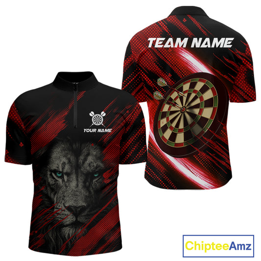 Personalized Red & Black Lion Dart Shirt For Men Custom Light Dartboard Team Jersey Polo & 1/4 Zip TDM4334