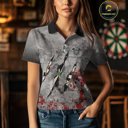 Custom Red Grey Grunge Dart Shirts With Pocket Option For Women, Darts Jersey TDM4179