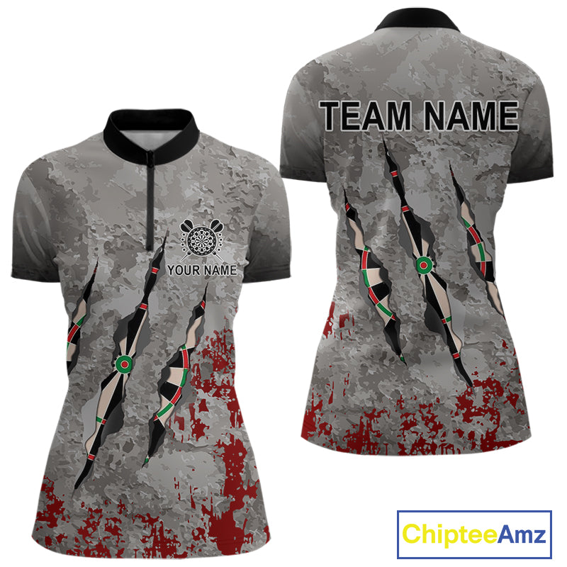 Custom Red Grey Grunge Dart Shirts With Pocket Option For Women, Darts Jersey TDM4179