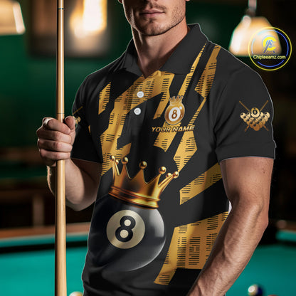 Black And Golden 8 Ball Crown Billiard Shirt For Men Custom Pool Team Jerseys Polo & Quarter Zip TDM4371