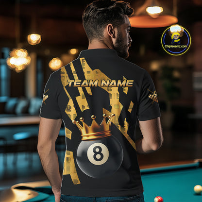 Black And Golden 8 Ball Crown Billiard Shirt For Men Custom Pool Team Jerseys Polo & Quarter Zip TDM4371