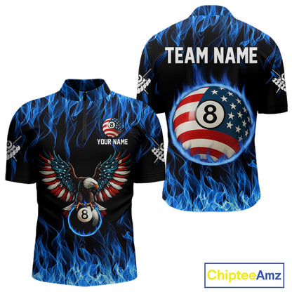 Blue Flaming American Flag Eagle 8 Ball Billiard Shirt For Men Custom Patriotic Pool Team Jersey TDM4231