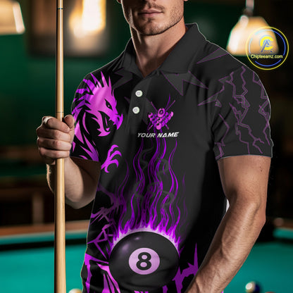 Black And Purple Flaming 8 Ball Pool Shirt For Men Custom Dragon Billiard Jersey Polo & 1/4 Zip TDM4813