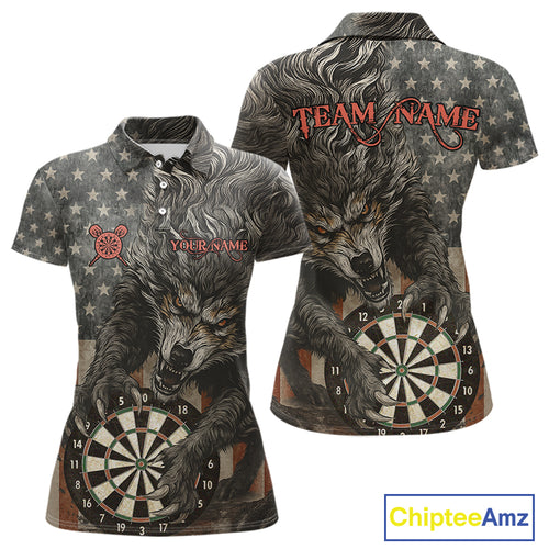 Personalized Vintage American Flag Wolf Darts Shirt For Women, Patriotic Dart Team Jerseys TDM4243