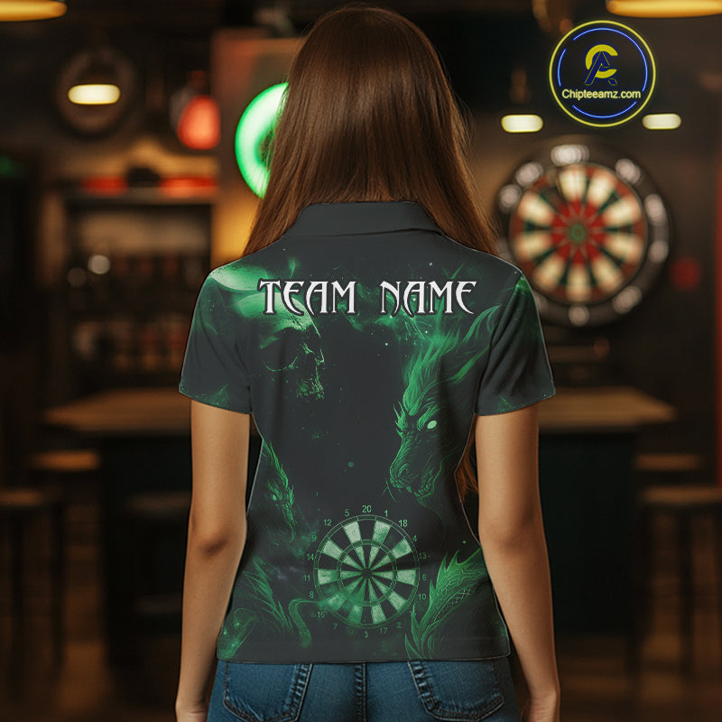 Black Green Custom Dragon Darts Shirt For Women, Darts Jersey Pocket Option TDM4448