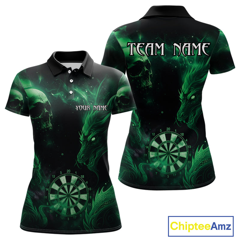 Black Green Custom Dragon Darts Shirt For Women, Darts Jersey Pocket Option TDM4448