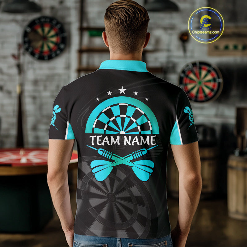 Black And Cyan Darts Jersey For Men Custom Team Polo & Quarter Zip Darts Shirt Uniform TDM4489
