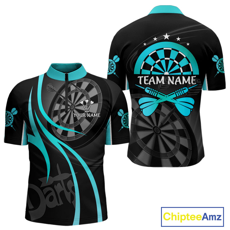 Black And Cyan Darts Jersey For Men Custom Team Polo & Quarter Zip Darts Shirt Uniform TDM4489