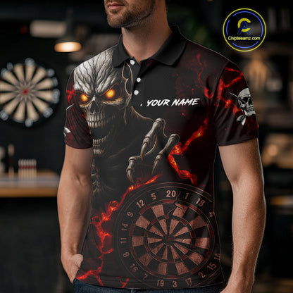 Personalized Skull Darts Polo & Quarter Zip For Men Custom Fire Darts League Team Jersey |Red TDM4718