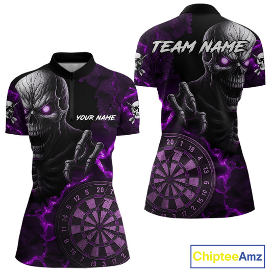 Personalized Skull Darts Polo & Quarter Zip For Women Custom Fire Darts League Team Jersey |Purple TDM4720