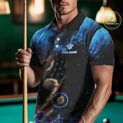 Blue Flaming American Flag Eagle Billiard Shirt For Men Custom 8 Ball Pool Jersey Polo & 1/4 Zip TDM4298