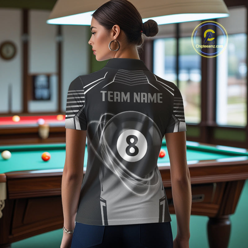 Black And Grey 8 Ball Pool Lights Billiard Polo & 1/4 Zip For Women Custom 3D Billiard Team Jerseys TDM4132