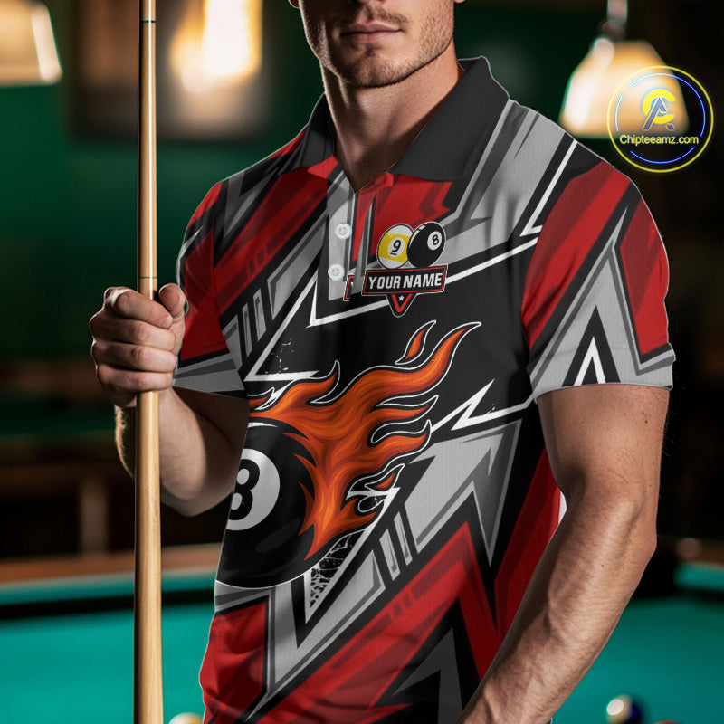 Personalized Men's Billiard Shirts, Flame 8&9 Ball Custom Red Zig-Zag Billiard Team Jerseys TDM4137