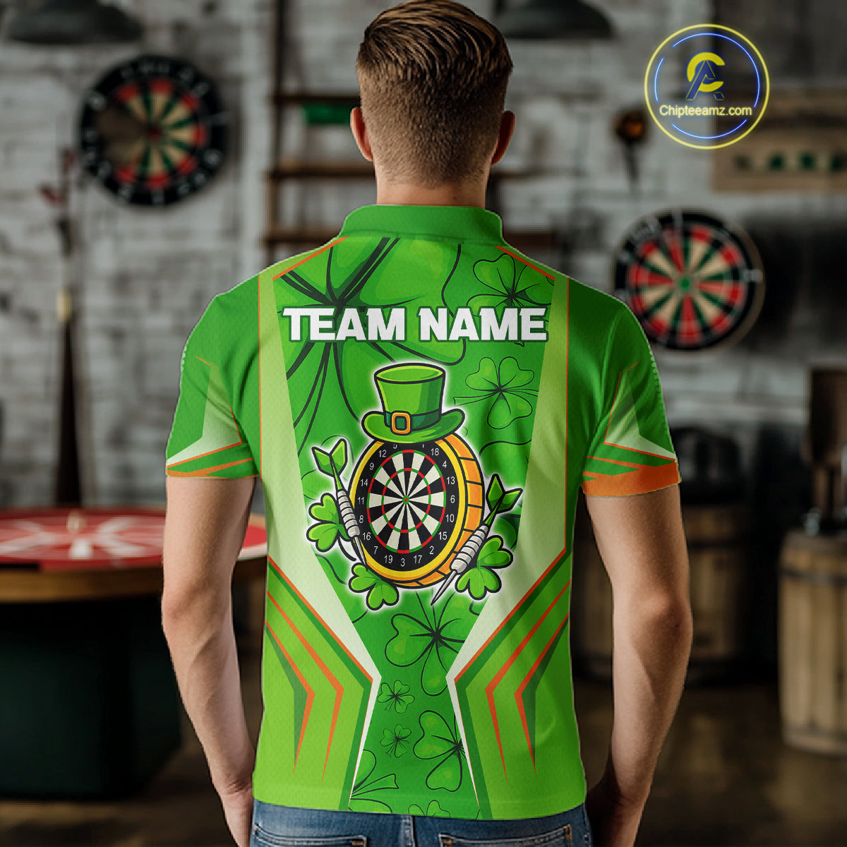Green Luckiest Shamrock Men's Darts Shirt Custom St Patrick Day Darts Jersey Team Polo & 1/4 Zip TDM4745