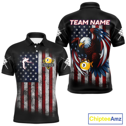 Grunge American Flag Eagle 9 Ball Billiard Polo & 1/4 Zip Custom Men's Patriotic Pool Team Jersey TDM4516