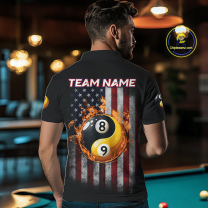 Grunge American Flag 8 & 9 Ball Yin-Yang Billiard Polo & 1/4 Zip Custom Pool Team Jersey For Men TDM4517