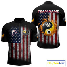 Load image into Gallery viewer, Grunge American Flag 8 &amp; 9 Ball Yin-Yang Billiard Polo &amp; 1/4 Zip Custom Pool Team Jersey For Men TDM4517