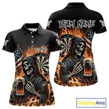 Load image into Gallery viewer, Flaming Grim Reaper Beer Darts Shirt Custom US Flag Darts Polo &amp; Quarter Zip Jerseys For Women TDM4526