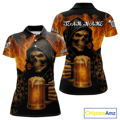 Personalized Funny Death Skeleton & Beer Fire Darts Shirt For Women, Dart Jersey Team Polo & 1/4 Zip TDM4486