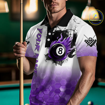 Custom White And Purple Hexagon 8 Ball Flame Billiard Shirt For Men, Funny Pool Team Jersey TDM4553