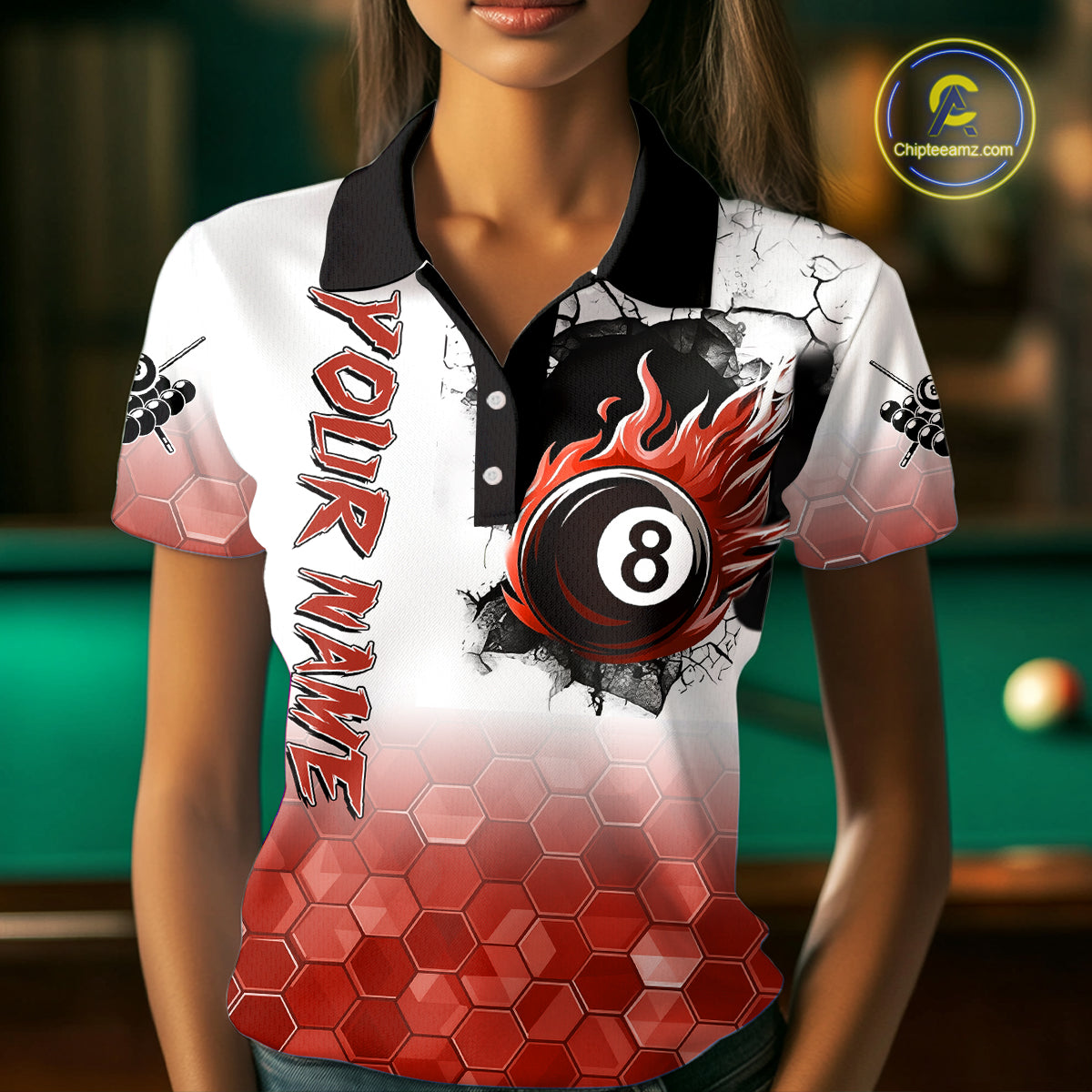 Custom White And Red Hexagon 8 Ball Flame Billiard Shirt For Women, Funny Pool Team Jersey TDM4554