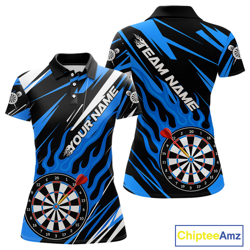 Blue Dartboard Flame Custom Dart Shirts For Women, Darts Team Jerseys Polo & Quarter Zip Shirts TDM4004